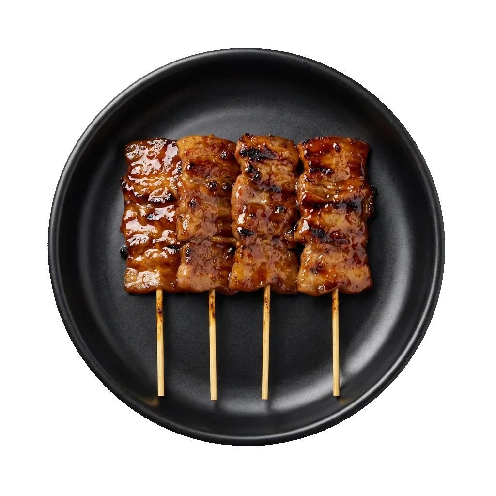 Moo Ping: 4 Thai grilled pork belly skewers on thin bamboo sticks, glossy dark caramelised glaze, ch