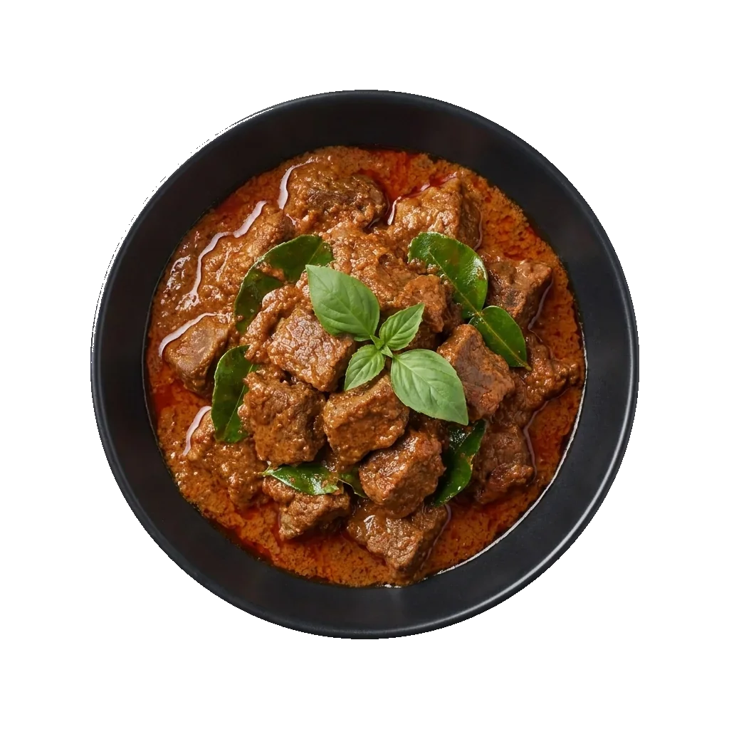 Panang Curry: a thick red-brown Thai curry with beef or chicken in a creamy peanut-coconut sauce, kaffir