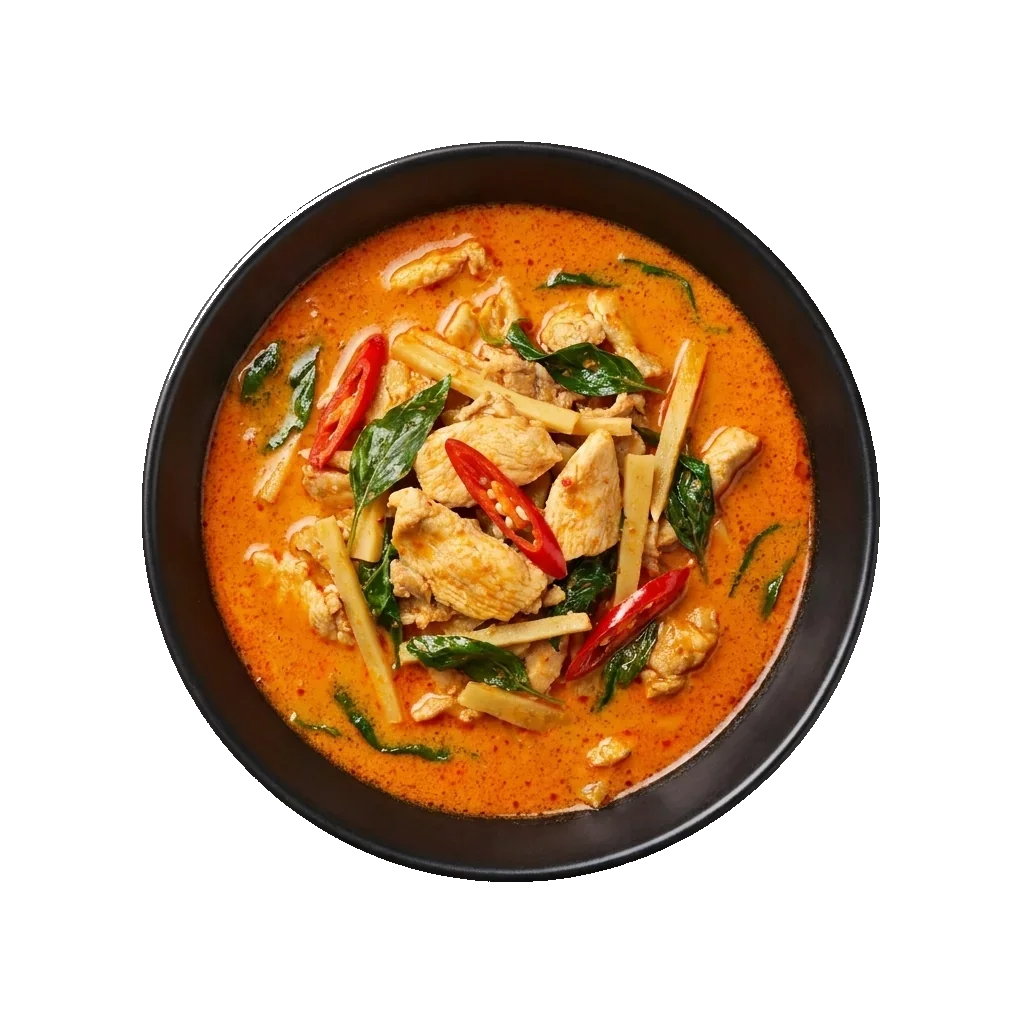 Red Curry: a vibrant red Thai coconut curry with chicken, bamboo shoots, Thai basil and red chillies
