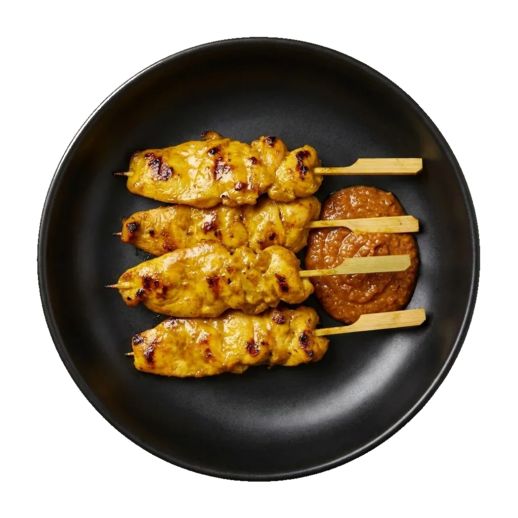 Satay: Thai chicken satay skewers: 4 grilled chicken skewers arranged in parallel in the bowl, gl