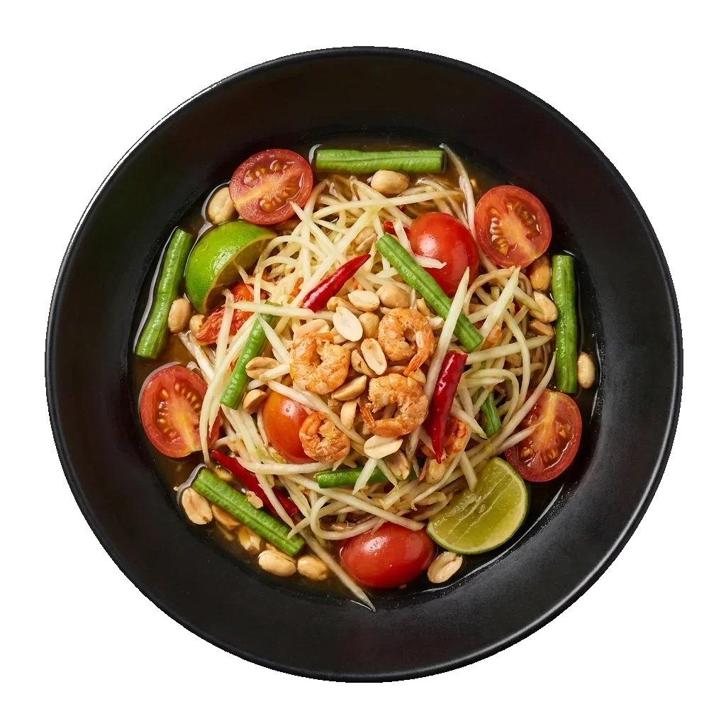 Som Tam: Thai green papaya salad: shredded unripe green papaya, cherry tomatoes, long beans, peanut