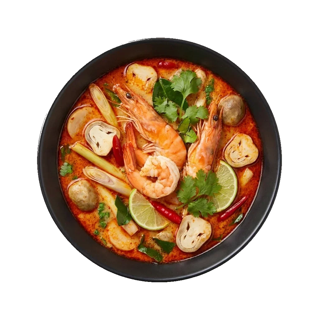 Tom Yum Goong: a spicy and sour Thai creamy soup with whole prawns, mushrooms, lemongrass, galangal, kaff