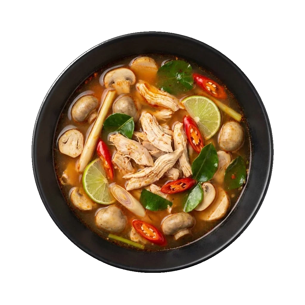 Tom Yum: a spicy and sour Thai clear soup with chicken, mushrooms, lemongrass, galangal, kaffir lim