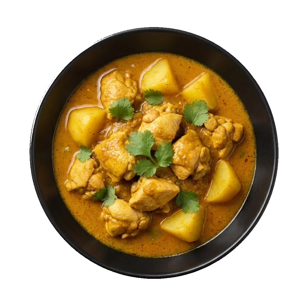 Yellow Curry: a mellow yellow Thai coconut curry with chicken and potatoes, turmeric-tinted sauce