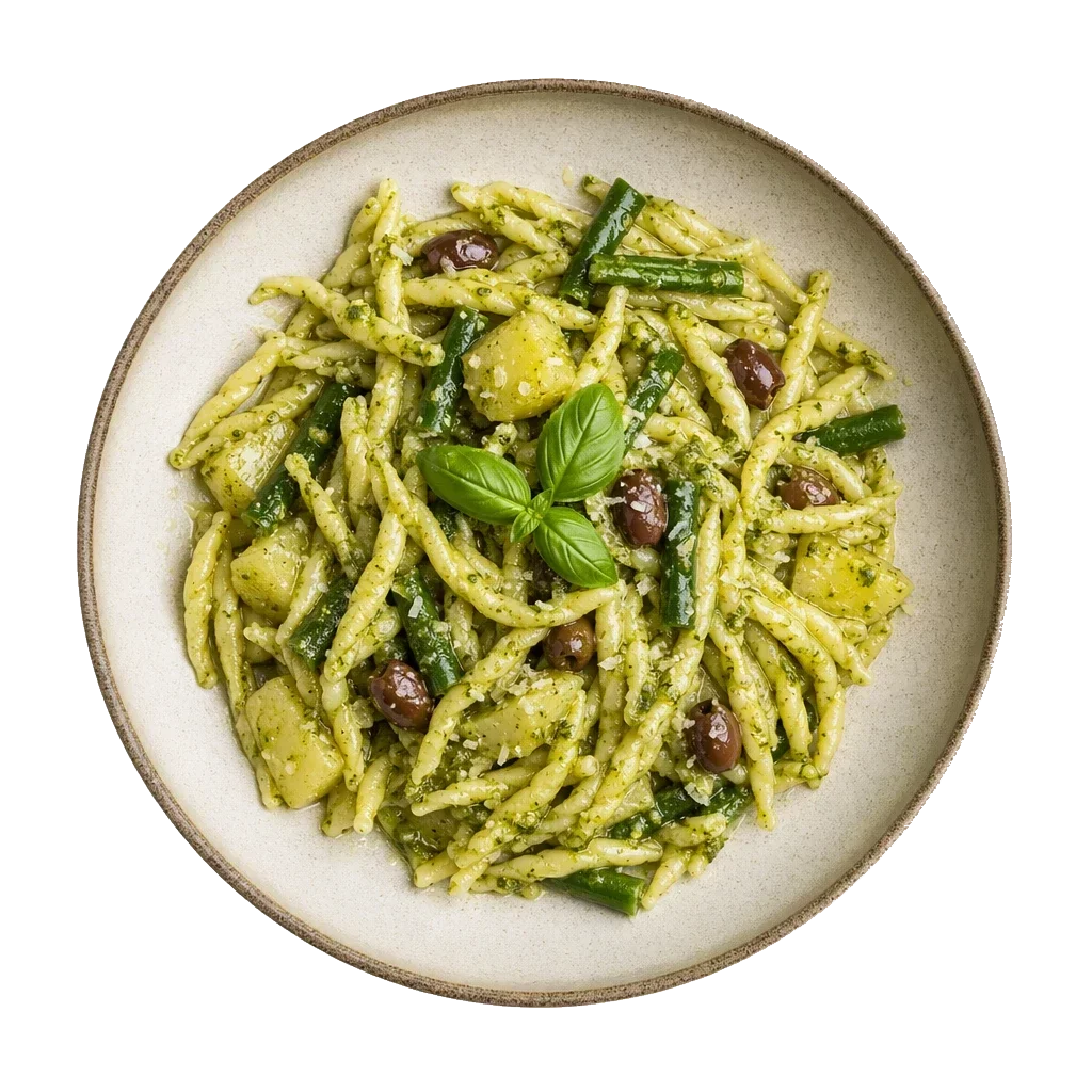 Trofie al pesto on stoneware bowl with Basil, Garlic, Olive Oil