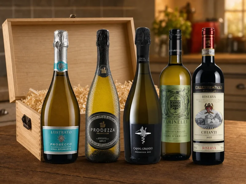 Lustrato, Prodezza, Canal Grando, Farinelli and Collezione di Paolo bottles beside a wooden wine case