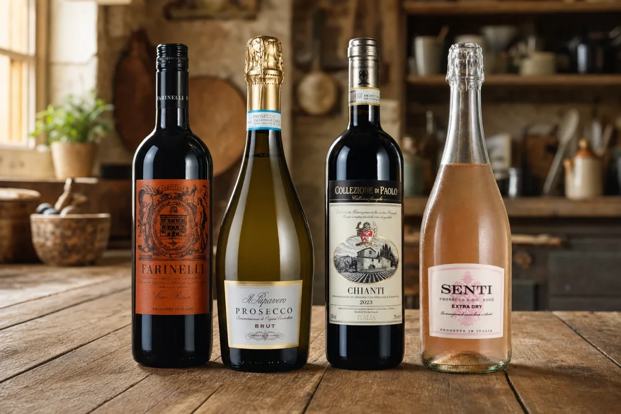 Farinelli, Il Papavero, Collezione di Paolo and Senti bottles on a farmhouse kitchen table