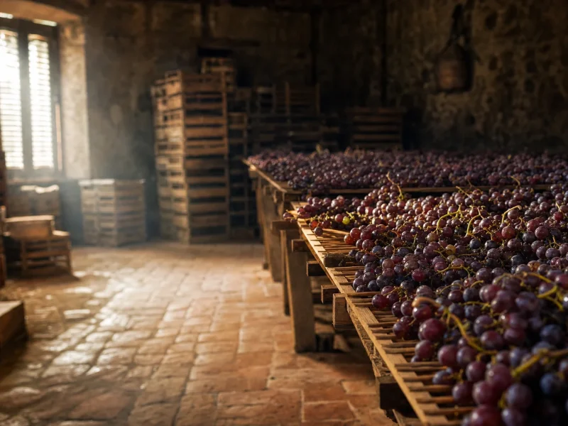 Bunches of dark grapes drying on wooden racks in an old Valpolicella loft