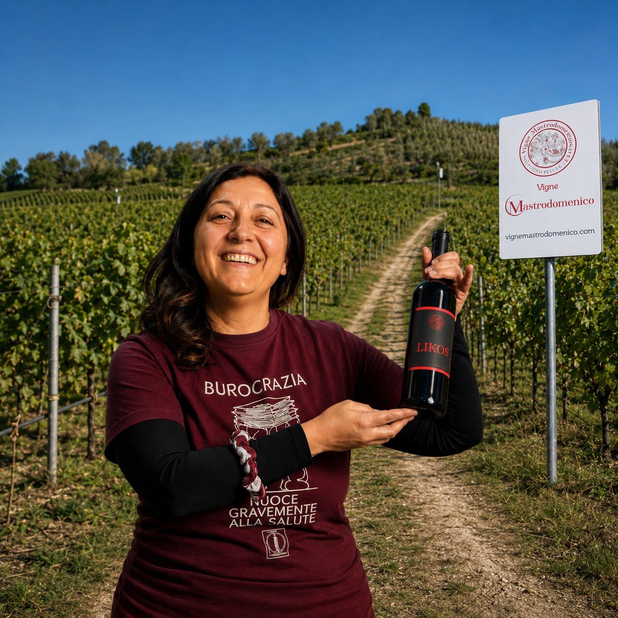 Vigne Mastrodomenico presenting a bottle of Likos in its Mount Vulture vineyard
