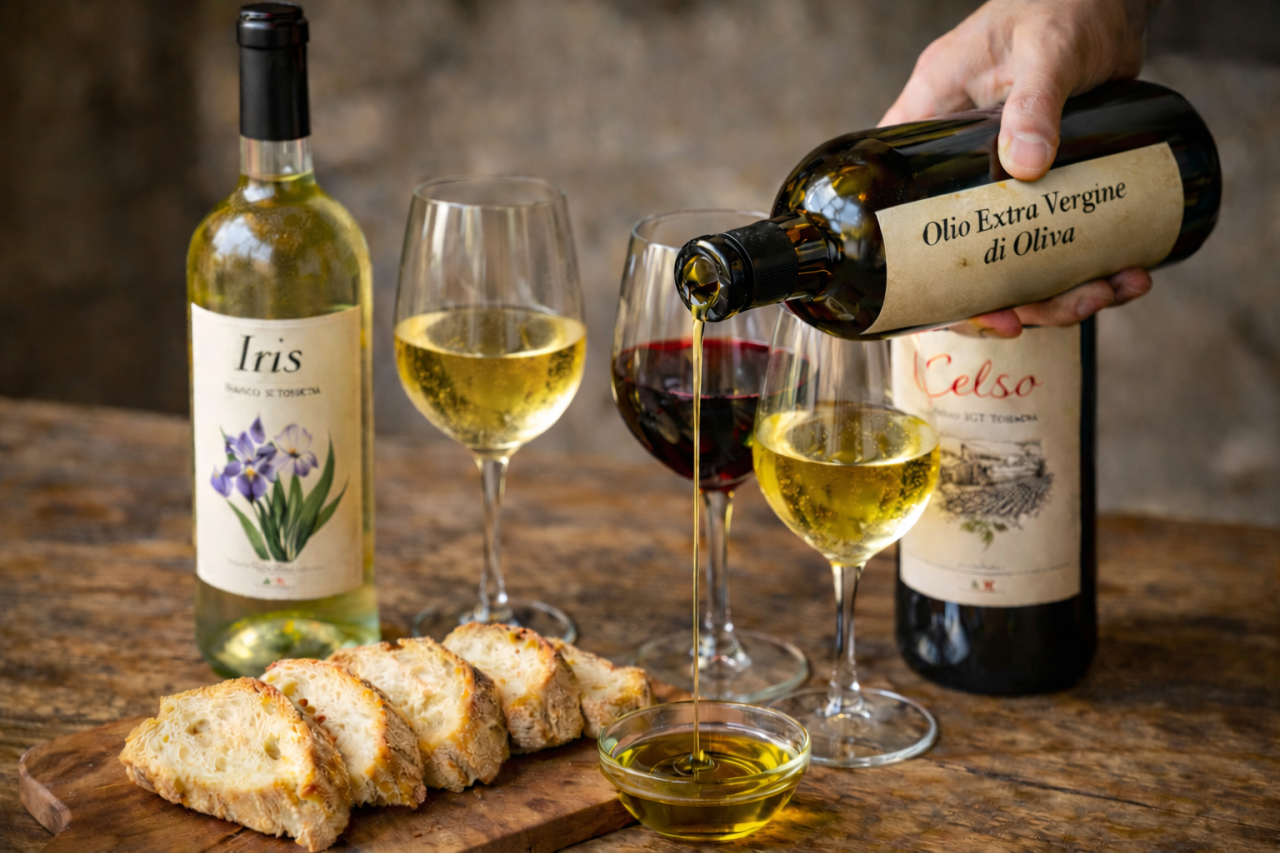 Bottles of Iris white and Celso red with glasses, bread and a bottle of Pasqualetti Viticoltori extra virgin olive oil