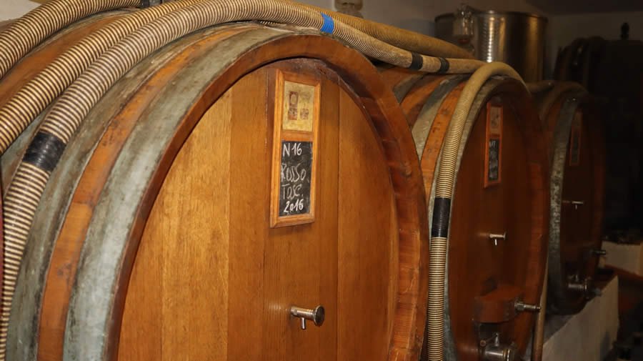 Large wooden casks in the Pasqualetti Viticoltori cellar in Peccioli