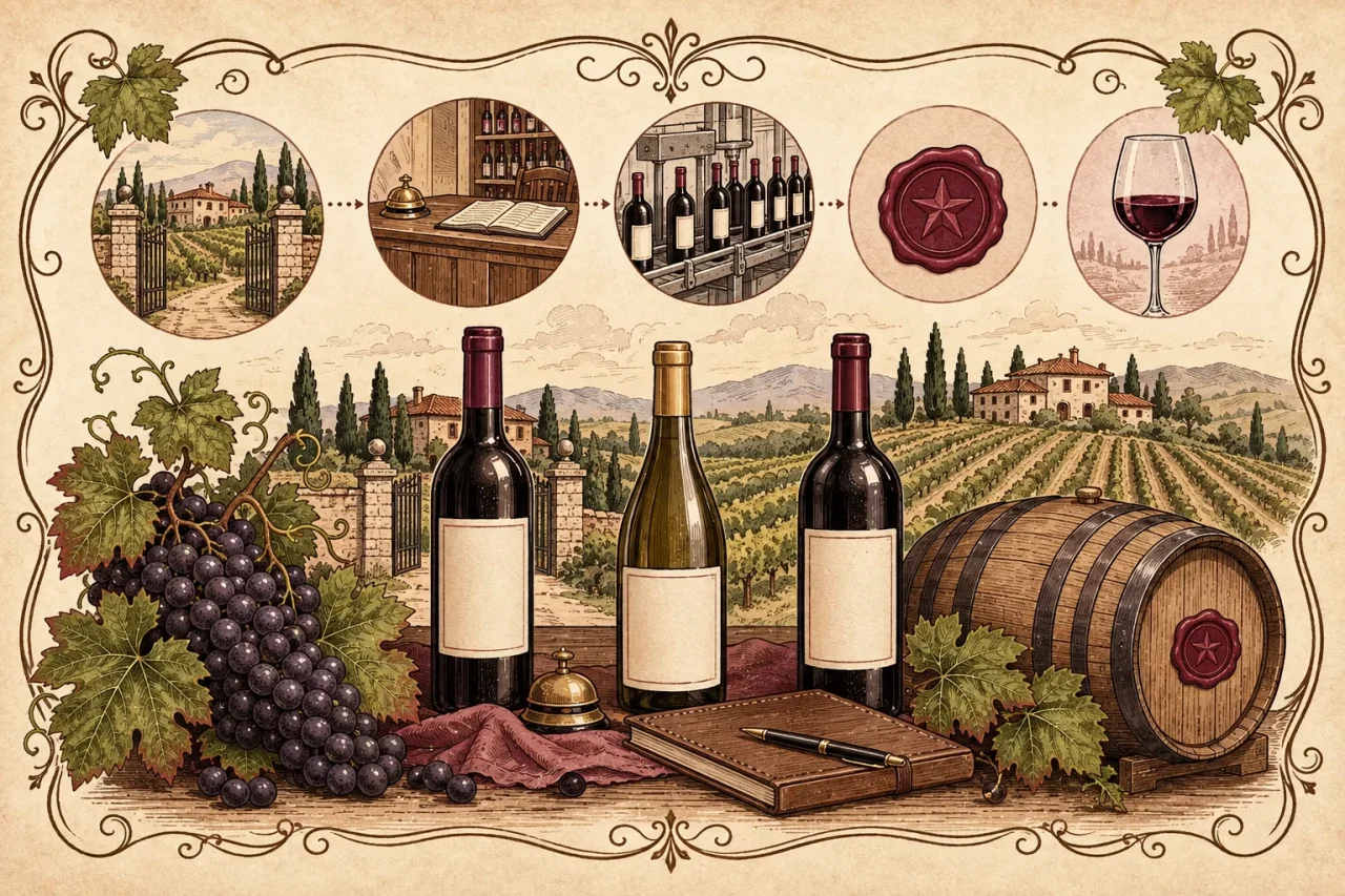 Hand-drawn guide plate: an estate gate, a wine merchant's counter and a bottling line behind three unlabelled bottles