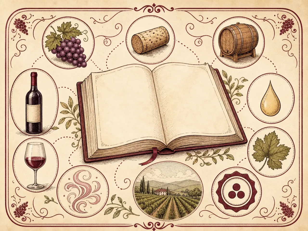 Hand-drawn wine dictionary guide with open notebook, bottle, glass, barrel, grape, and wine term icons