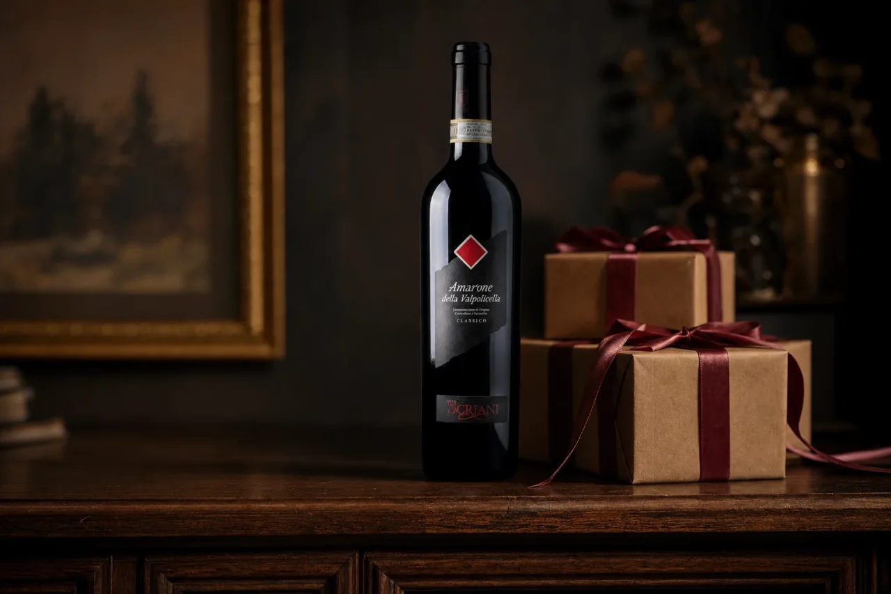 An Amarone della Valpolicella Classico standing beside wrapped gifts in warm low light