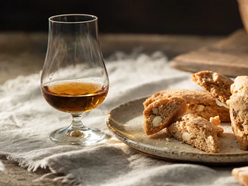 A small glass of amber Vin Santo beside almond cantucci biscuits