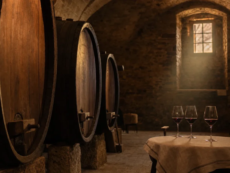 Old oak casks in a vaulted Montalcino ageing cellar with three glasses of red wine on a tasting table