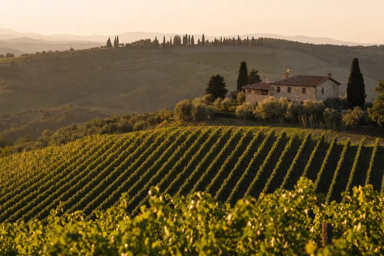 Sangiovese vines and cypresses on the Chianti Classico hills of Tuscany, between Florence and Siena, at golden hour