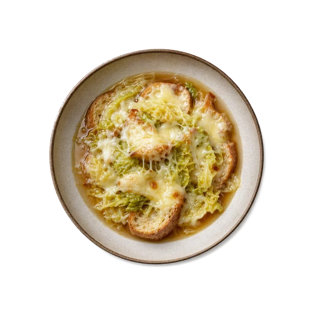 Zuppa alla Valdostana on stoneware bowl with Beef Broth, Bread, Butter